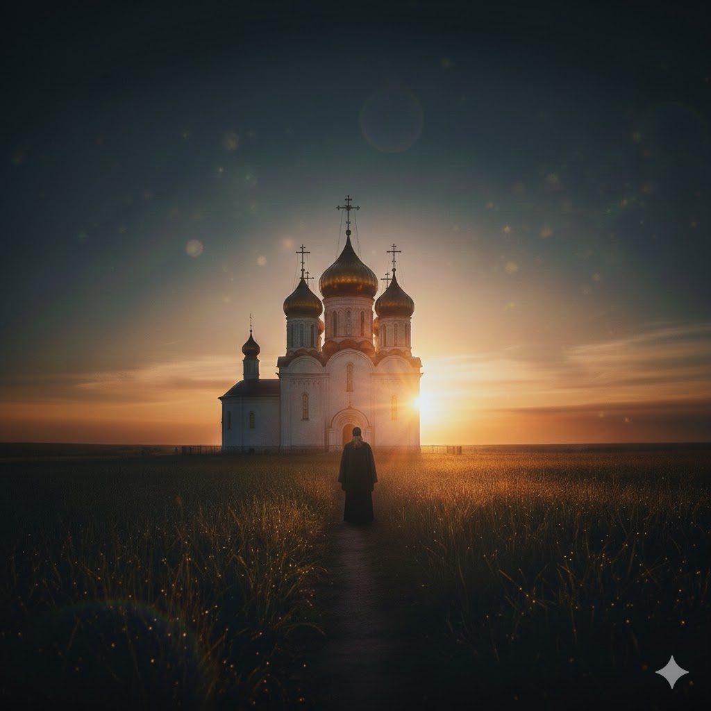 White church on the steppe at sunset