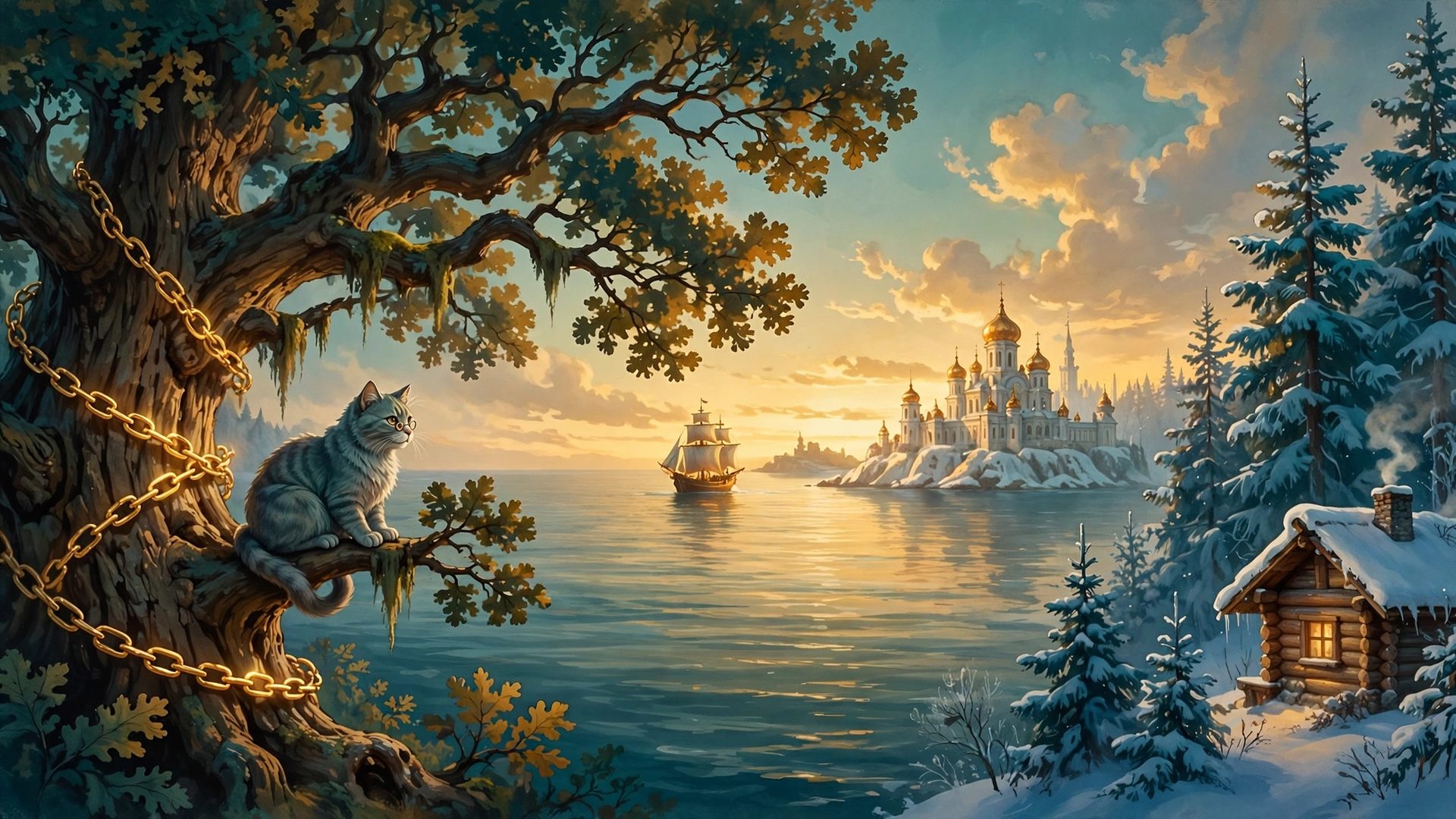 The KacheliTV banner — the learned cat on the oak above the golden-domed castle